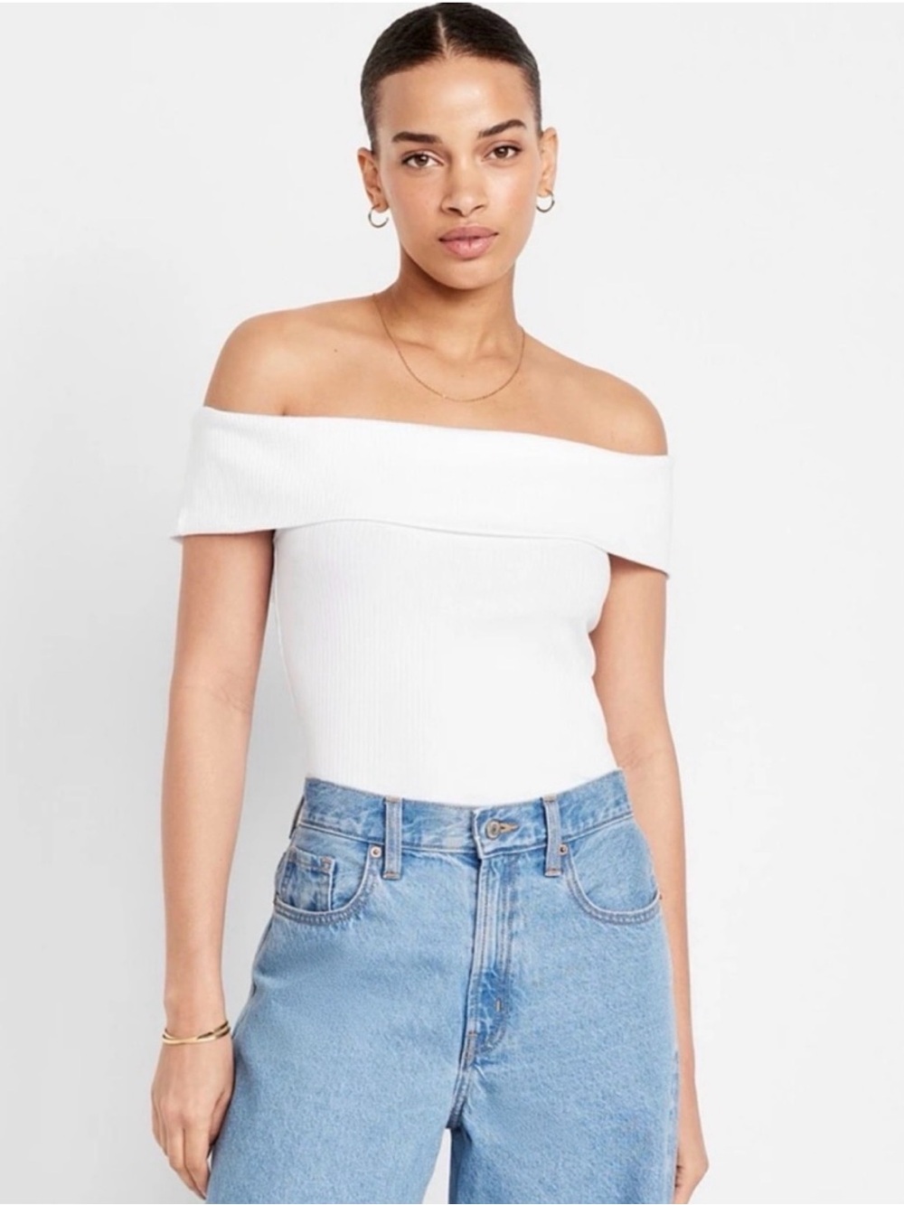 3/$25 Old Navy White Ribbed Off Shoulder Top M Tall